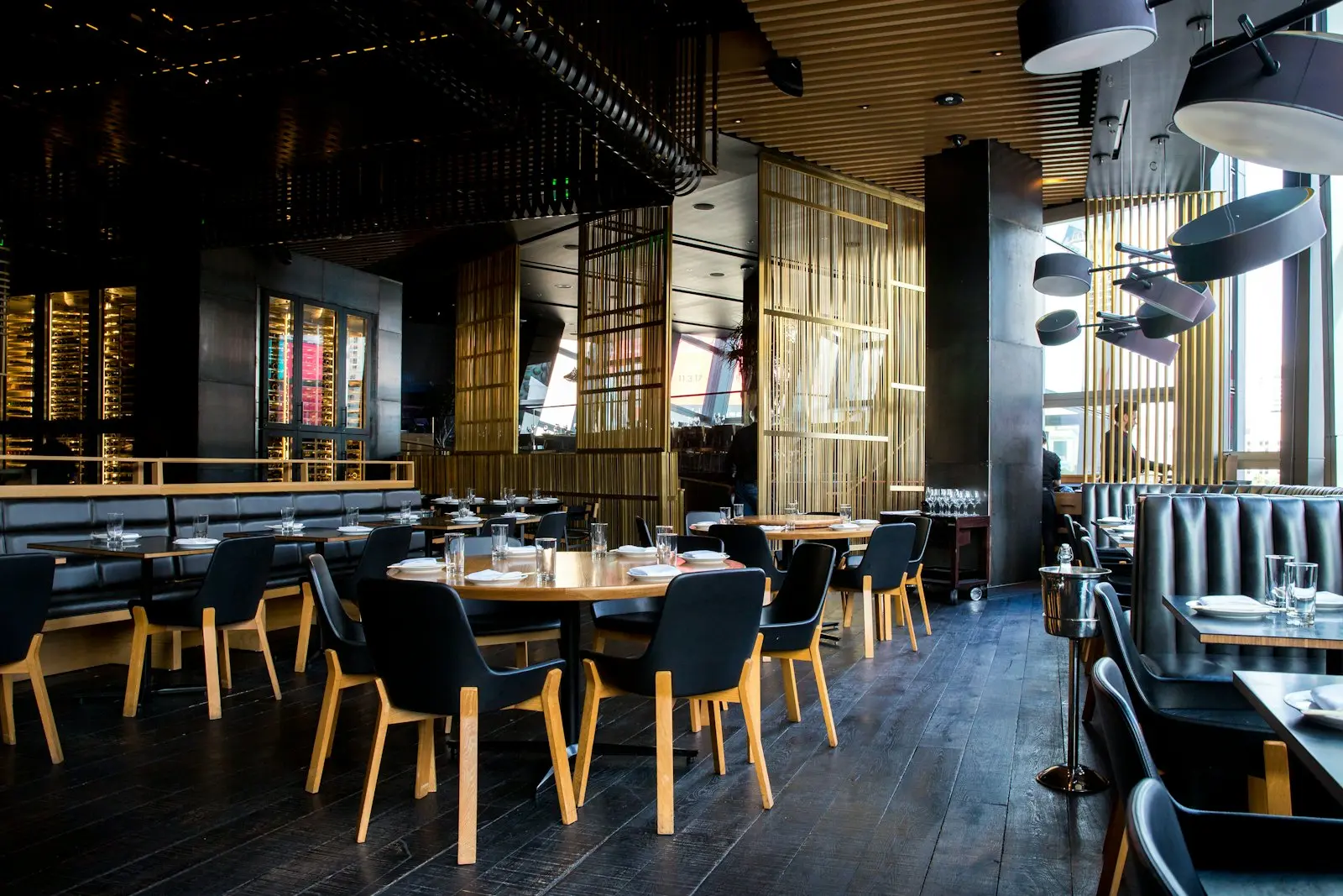 A restaurant dining room between services